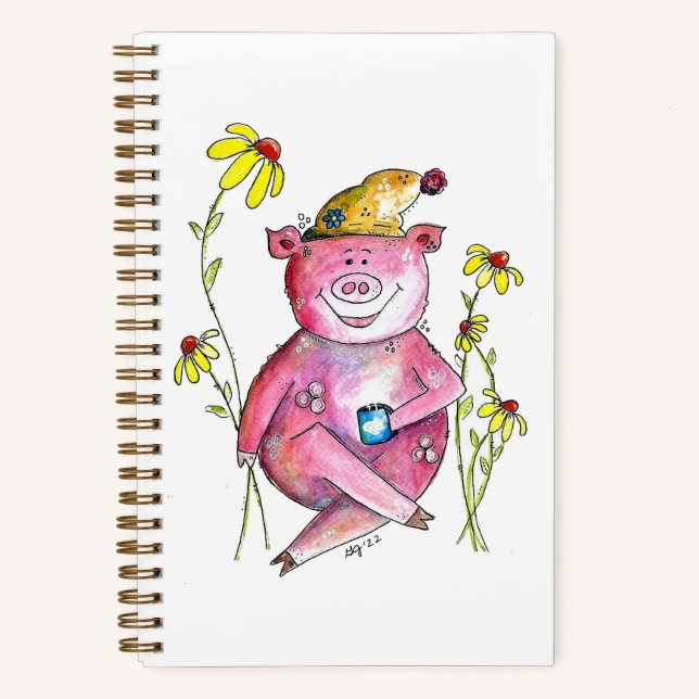 Cute Whimsical Pig Drinking Coffee Notebook (Front)