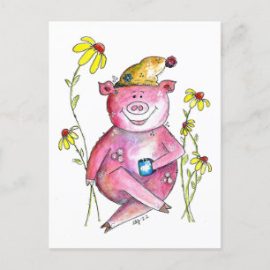 Cute Whimsical Pig Drinking Coffee Postcard