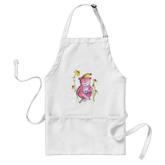 Cute Whimsical Pig Drinking Coffee Standard Apron (Front)