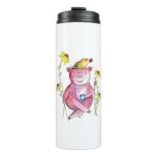 Cute Whimsical Pig Drinking Coffee Thermal Tumbler