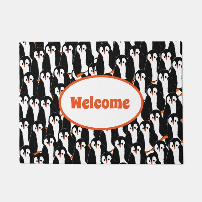 Cute Whimsical Piles of Penguins Welcome Doormat (Front)