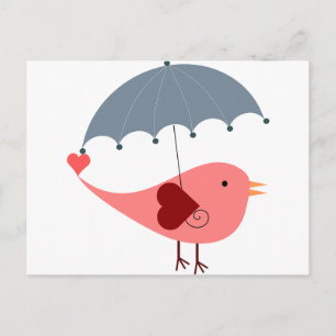 Cute whimsical  pink bird holding umbrella postcard