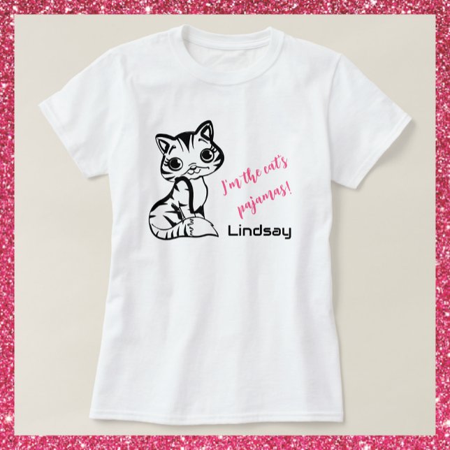 Cute Whimsical Pink & Black Cat's Pajamas T-Shirt (Creator Uploaded)