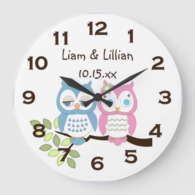 Cute Whimsical Pink Blue Owl Twins Wall Clock (Front)