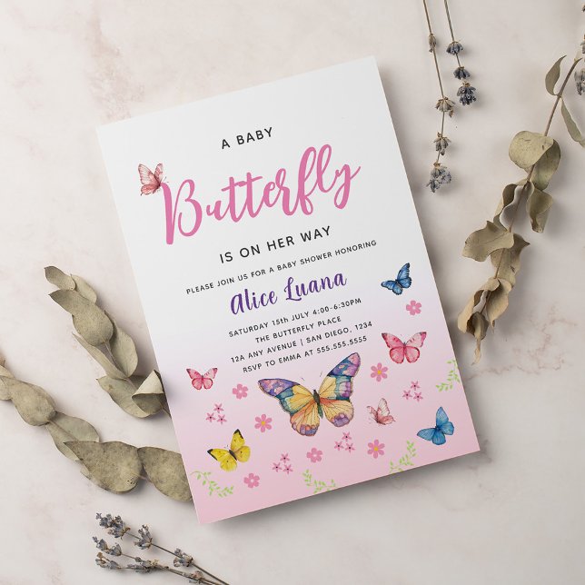 Cute Whimsical Pink Butterfly Girls Baby Shower Invitation (Creator Uploaded)