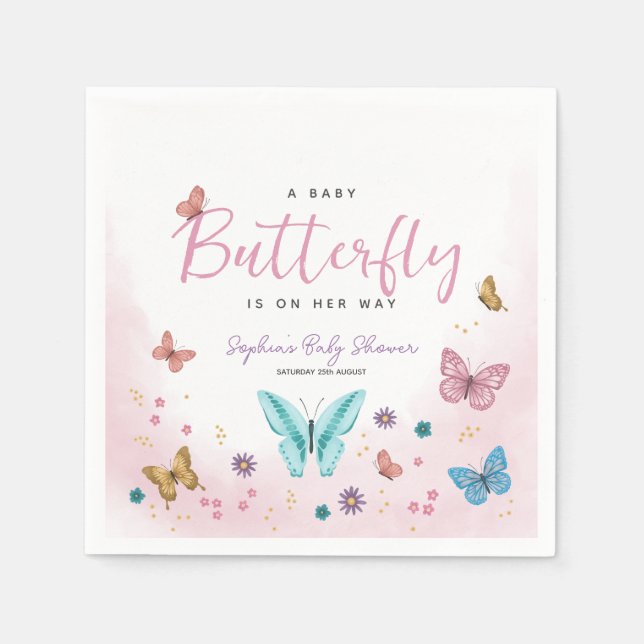 Cute Whimsical Pink Butterfly Girls Baby Shower Napkin (Front)