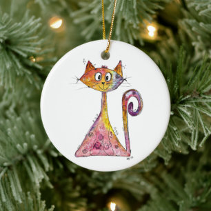 Cute Whimsical Pink Cat Ceramic Ornament