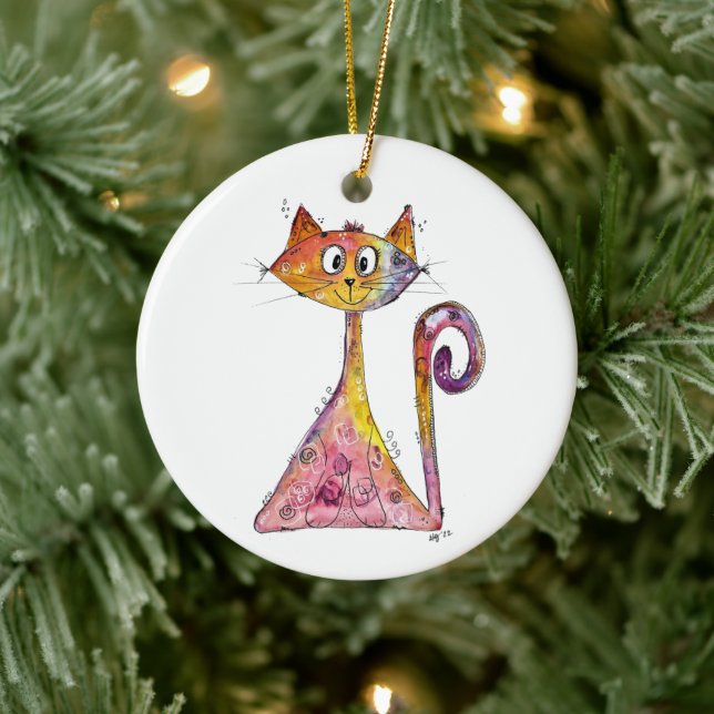 Cute Whimsical Pink Cat Ceramic Ornament (Tree)