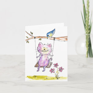 Cute Whimsical Pink Cat on Swing Card