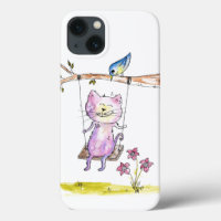 Cute Whimsical Pink Cat on Swing