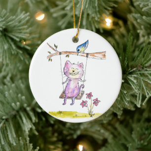 Cute Whimsical Pink Cat on Swing Ceramic Ornament