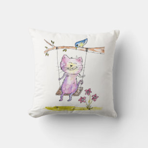 Cute Whimsical Pink Cat on Swing Cushion
