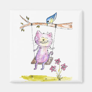 Cute Whimsical Pink Cat on Swing Magnet