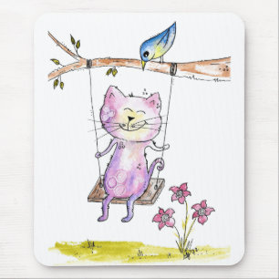 Cute Whimsical Pink Cat on Swing Mouse Pad