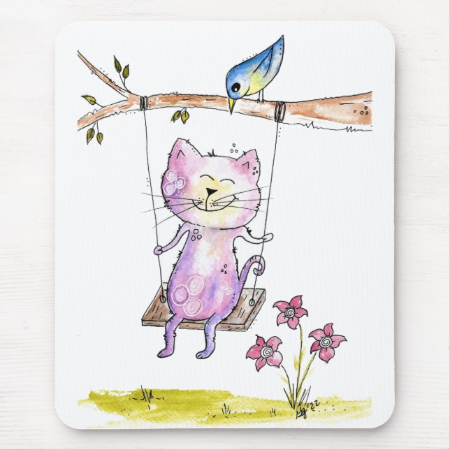 Cute Whimsical Pink Cat on Swing Mouse Pad (Front)