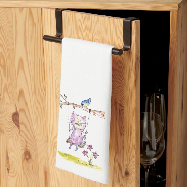 Cute Whimsical Pink Cat on Swing Tea Towel (Thirds Fold)