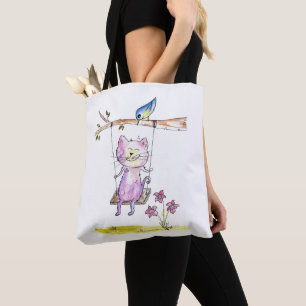 Cute Whimsical Pink Cat on Swing Tote Bag