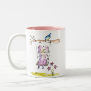 Cute Whimsical Pink Cat on Swing Two-Tone Coffee Mug