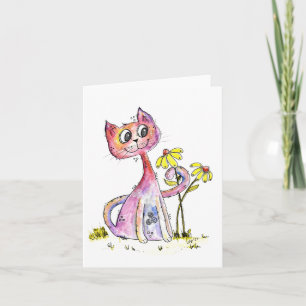 Cute Whimsical Pink Cat with Yellow Flowers Card