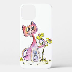 Cute Whimsical Pink Cat with Yellow Flowers iPhone 12 Case
