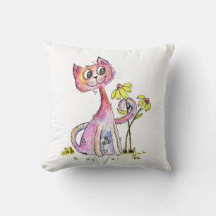 Cute Whimsical Pink Cat with Yellow Flowers Cushion