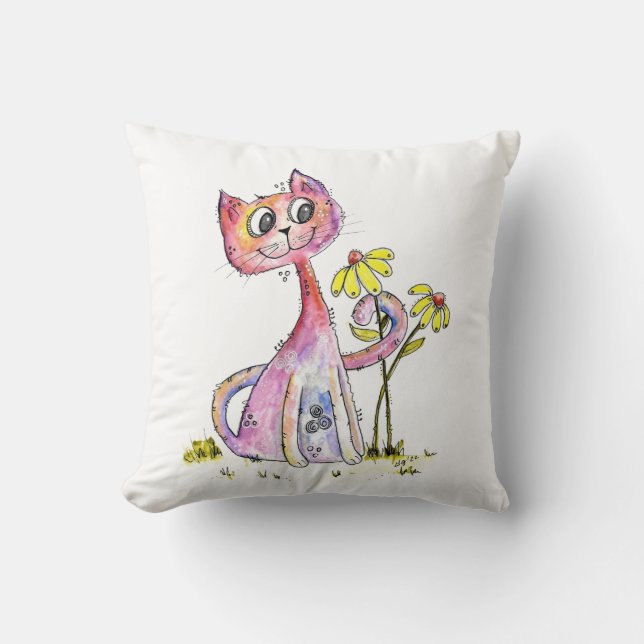 Cute Whimsical Pink Cat with Yellow Flowers Cushion (Front)