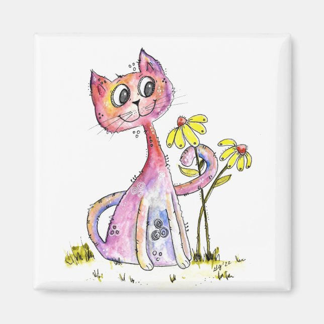 Cute Whimsical Pink Cat with Yellow Flowers Magnet (Front)