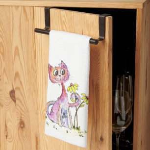 Cute Whimsical Pink Cat with Yellow Flowers Tea Towel