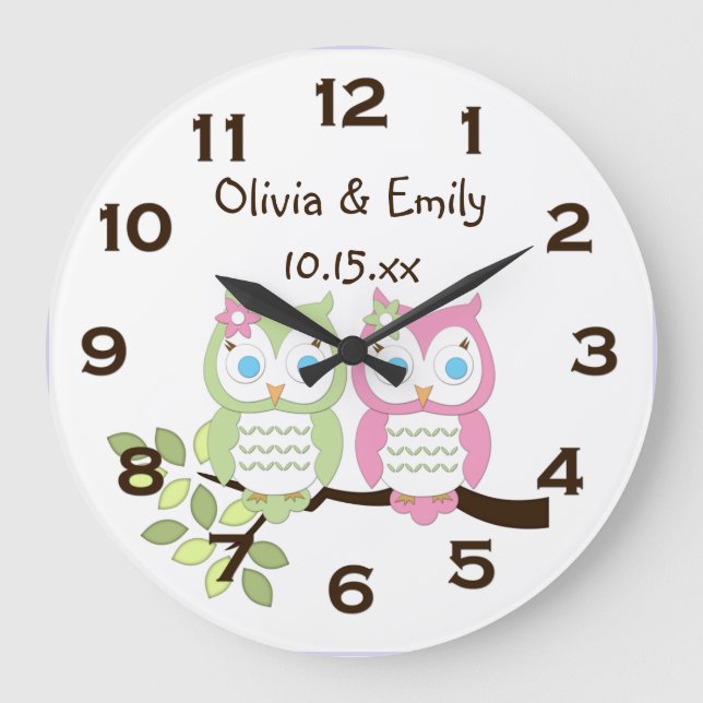 Cute Whimsical Pink Green Owl Twins Wall Clock (Front)