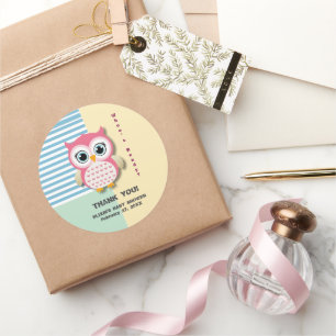 Cute Whimsical Pink Owl Baby Shower Classic Round Sticker