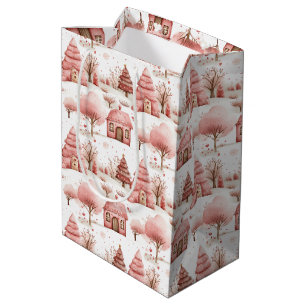 Cute Whimsical Pink Winter Wonderland Christmas  Medium Gift Bag