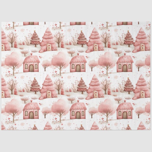 Cute Whimsical Pink Winter Wonderland Christmas  Tissue Paper (Front)