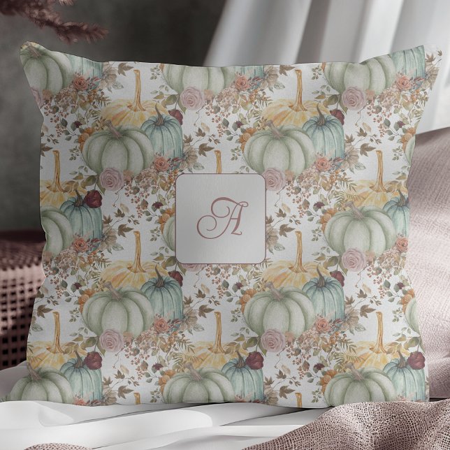 Cute Whimsical Pumpkins And Flowers Monogram Cushion (Creator Uploaded)