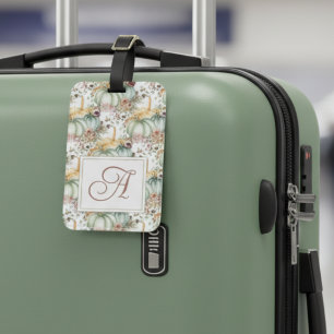 Cute Whimsical Pumpkins And Flowers Monogram Luggage Tag