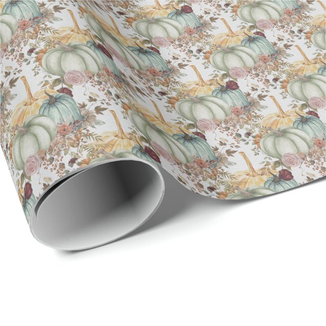 Cute Whimsical Pumpkins And Flowers  Wrapping Paper (Roll Corner)