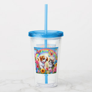 Cute/whimsical puppy/kitten rainbow acrylic tumbler