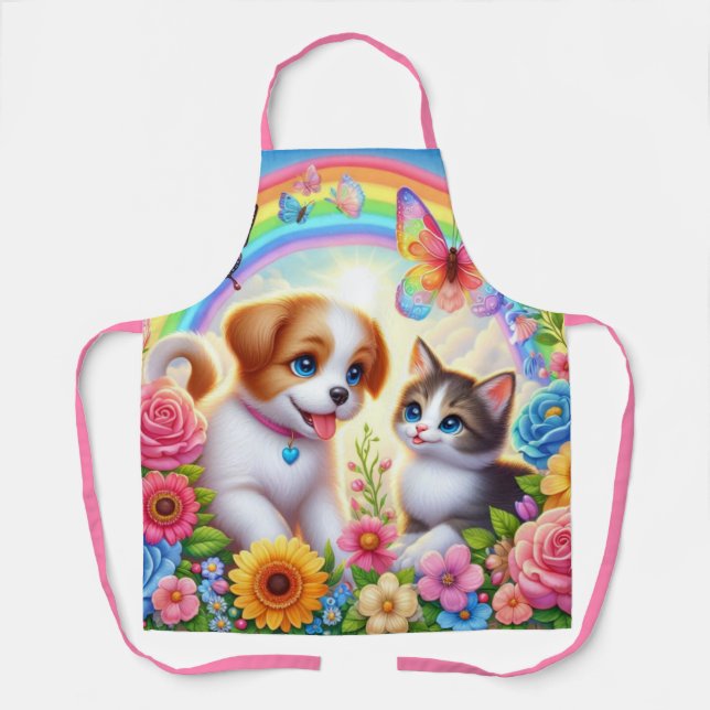Cute/whimsical puppy/kitten rainbow apron (Front)
