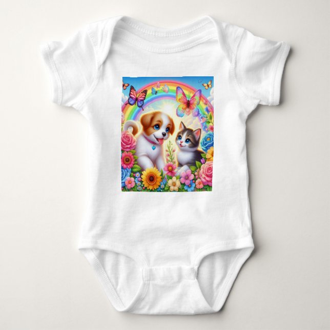 Cute/whimsical puppy/kitten rainbow baby bodysuit (Front)