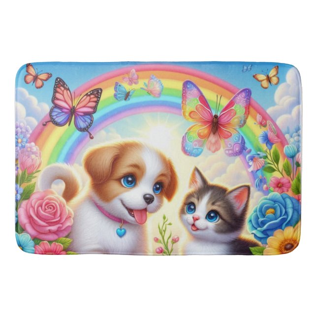 Cute/whimsical puppy/kitten rainbow bath mat (Front)