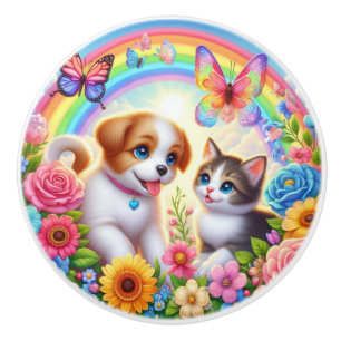 Cute/whimsical puppy/kitten rainbow ceramic knob