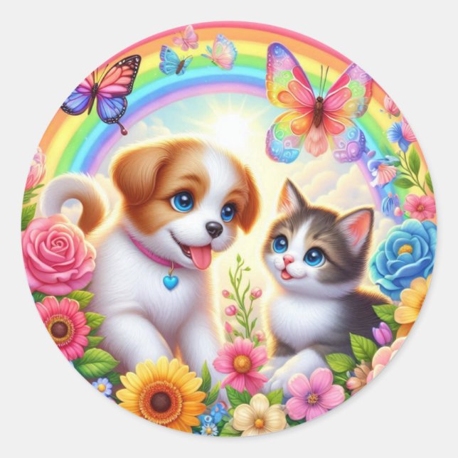 Cute/whimsical puppy/kitten rainbow classic round sticker (Front)