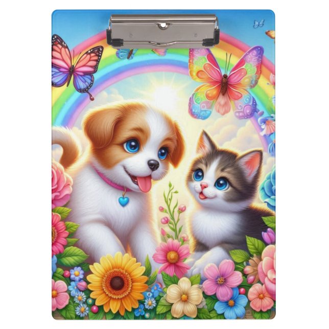 Cute/whimsical puppy/kitten rainbow clipboard (Front)