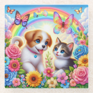 Cute/whimsical puppy/kitten rainbow glass coaster