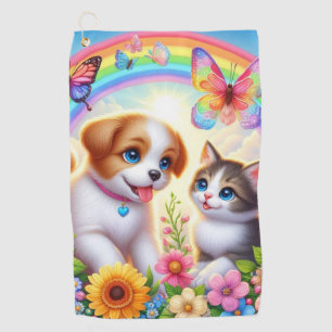 Cute/whimsical puppy/kitten rainbow golf towel