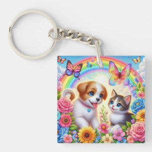 Cute/whimsical puppy/kitten rainbow key ring