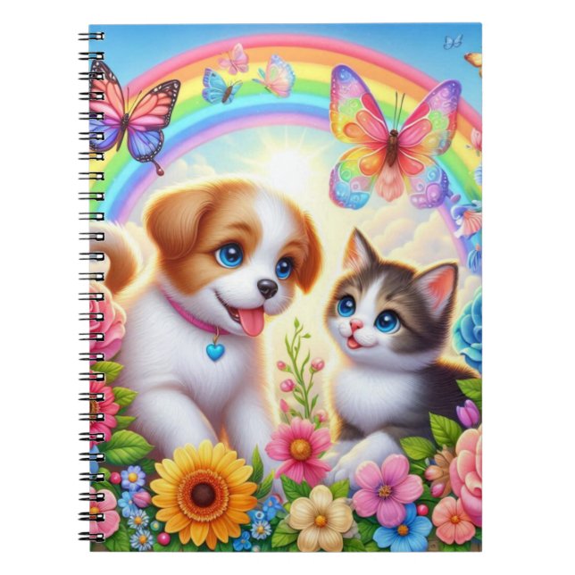 Cute/whimsical puppy/kitten rainbow notebook (Front)