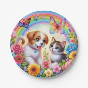 Cute/whimsical puppy/kitten rainbow paper plate