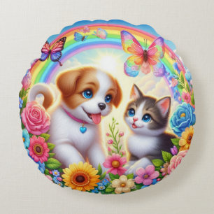 Cute/whimsical puppy/kitten rainbow round cushion