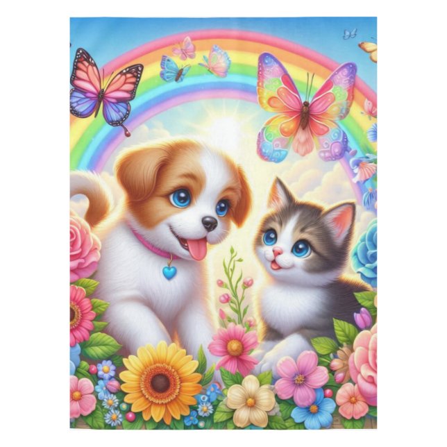 Cute/whimsical puppy/kitten rainbow tablecloth (Front)