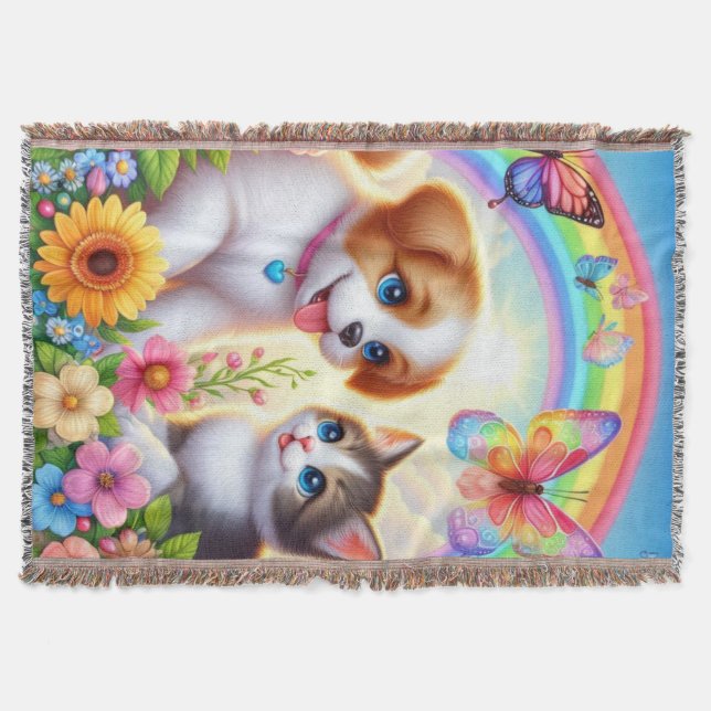 Cute/whimsical puppy/kitten rainbow throw blanket (Front)
